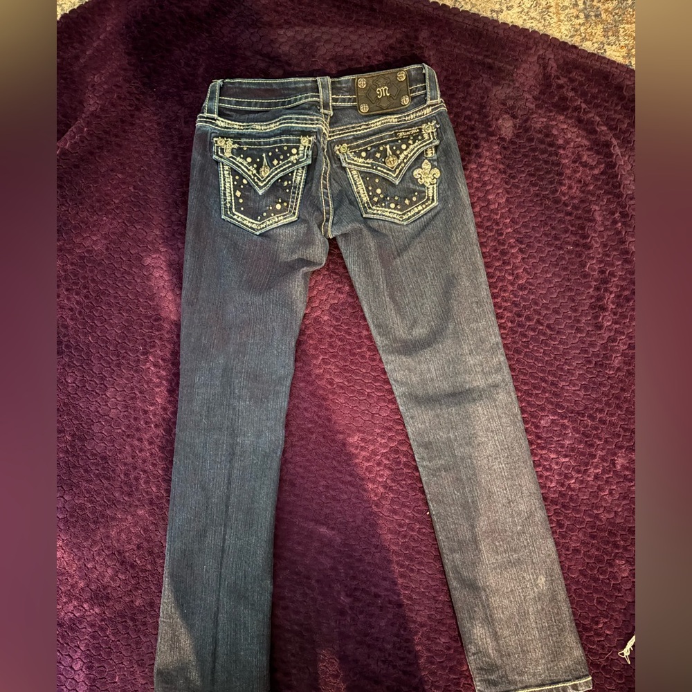 Miss Me Blue Skinny Jeans with Gold Embroidery